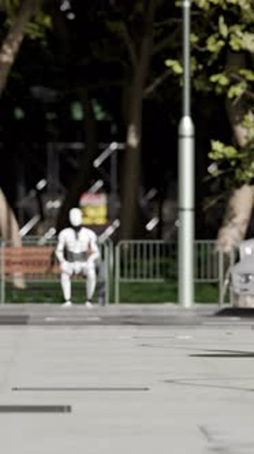 Un robot humanoïde qui marche dans les rues de la ville se fond dans la peau d'un citoyen ordinaire