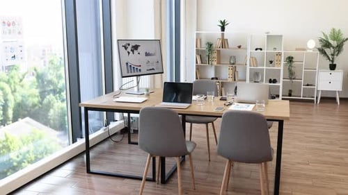 Modern Office Conference Room with City View and Digital Screens