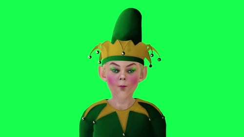 Animated green dressed elf acting face front angle green screen