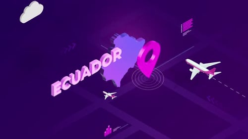 Isometric Ecuador Map Animation with Location Pin and Airplanes