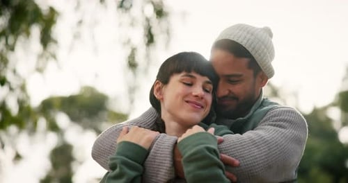 Smile, hug and couple outdoor, love and happiness with support, quality time and romantic gesture