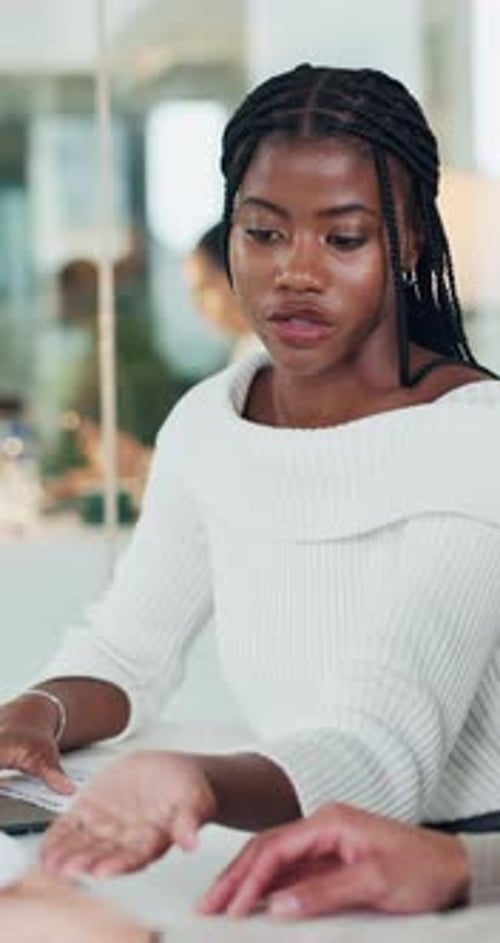 Documents, meeting and discussion with business woman in office for funding