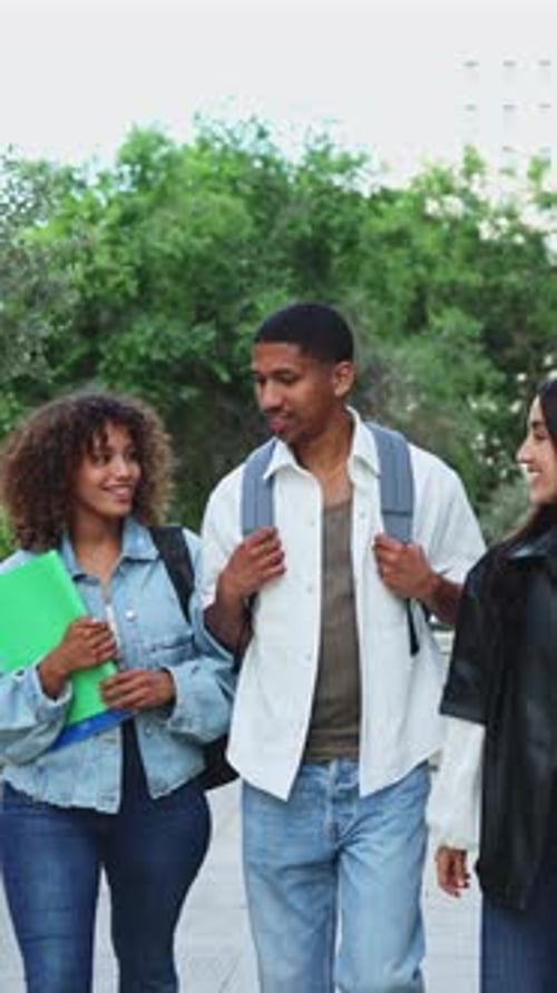 Three Students Walk and Talk on College Campus