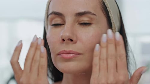 Portrait Woman Moisturize Face Cream Indoors Pov View Lady Moisturizing Skin