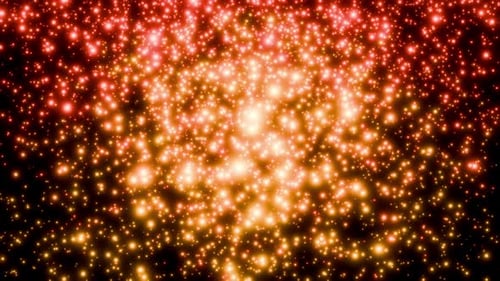 Continuous stream of red and yellow particles endlessly fall and shimmer against a black backdrop