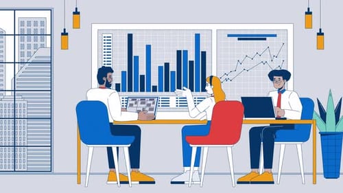 Animated Business Team Reviewing Data in Flat Design