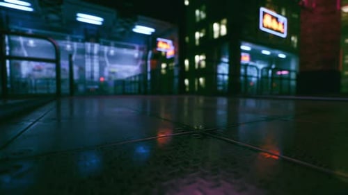 Urban Nightlife with Neon Lights Illuminating the City Streets at Night
