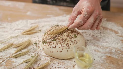 Decorating Dough with Wheatgrass Close Up