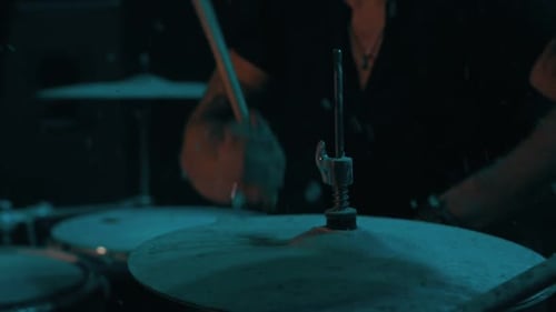 Drummer Playing on Drum Kit. Close Up of Play Drums. Drum Playing