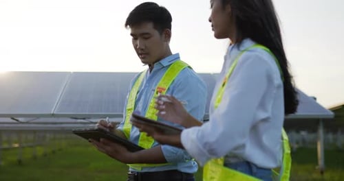 Asian Young Inspector Engineer man and female colleague checking operation in solar farm