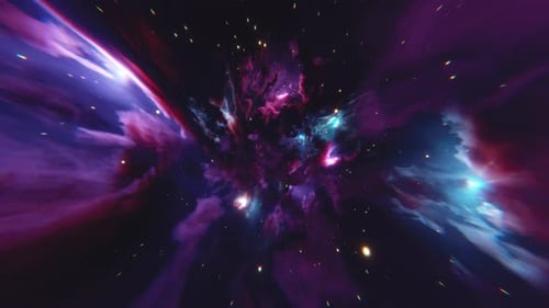 Nahtlose Loop-Animation eines Fluges durch den lila Nebel