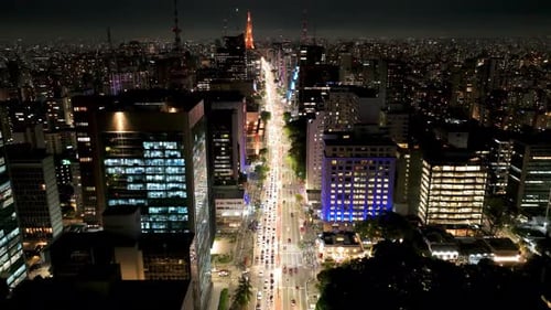 Night Paulista Avenue at downtown Sao Paulo Brazil. Business Offices.