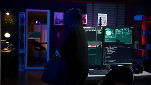 Hacker Arriving in Hidden Underground Shelter Prepared to Launch DDoS Attack