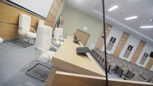 Digital Equipment for Speakers on Table in Conference Hall