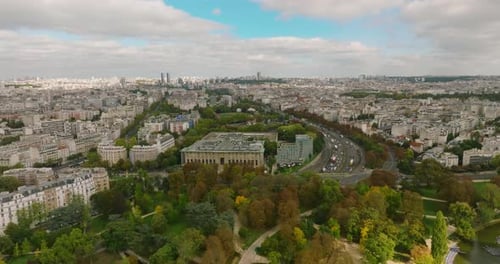 Aerial View of the Roofs of Buildings Streets and Avenues with Car Traffic Modern and Classical