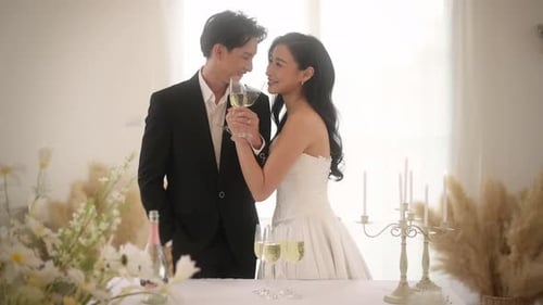 Noiva e noivo segurando taças de champanhe na cerimônia de casamento