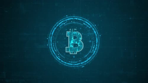 Blue digital money logo with rotation HUD UI circle technology interface and futuristic elements