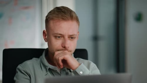 Man Manager Planning Project Sitting Workspace Closeup Young Man Looking Laptop