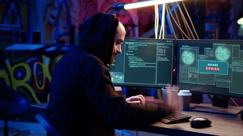 Hacker in Dark Underground Warehouse Having Cyber Attacks Rejected