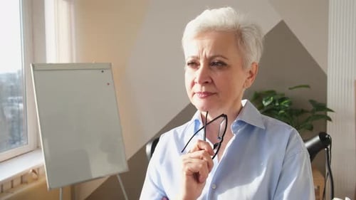 Portrait of Confident Stylish European Middle Aged Senior Woman at Workplace Stylish Older Mature