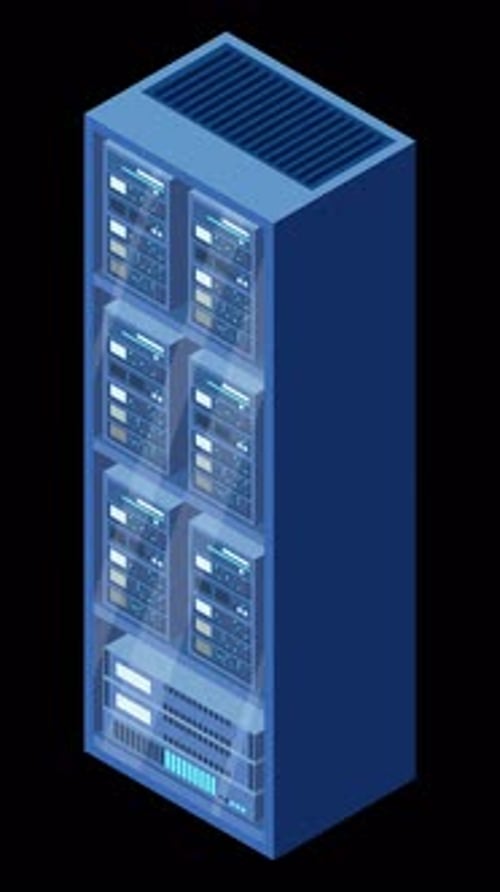 Isometric server animation. Network server room. 3D computer equipment. Storage database