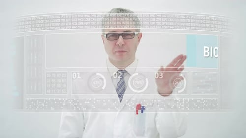 Modern Display with BIOCHEMISTRY Text in Front of a Scientist