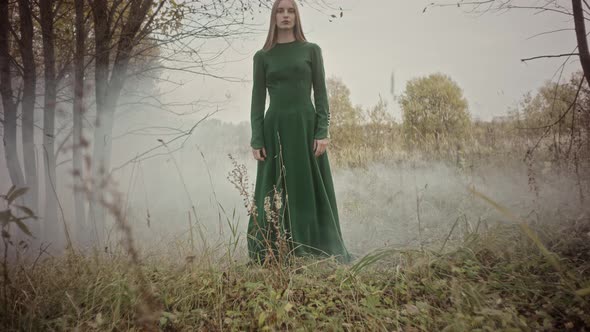 Model posing in green dress with smoke bombs exploding in forest ...