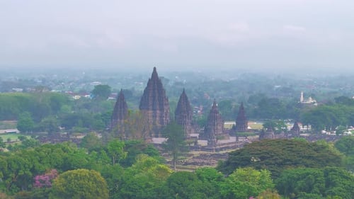 Aerial view of the foggy morning on Prambanan Temple