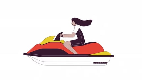 Swimwear arab young woman riding jet ski line 2D character animation