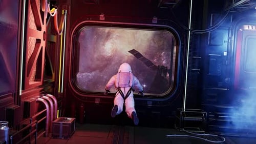 Astronaut Floating Through a Futuristic Space Station