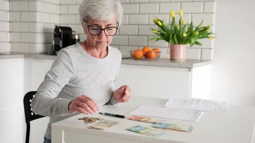 Senior Woman Counting Money For Utility Contract Payments