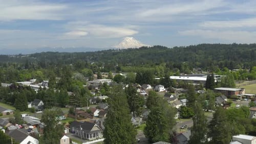 Rows Of Houses And Lush Trees In A Village In Puyallup, Washington With Snowy Mount Rainier In A Dis