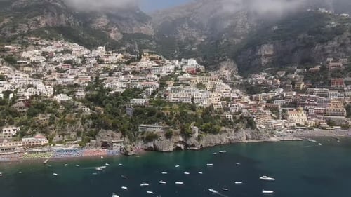 Areal view of Positano a famous travel destination in Southern Italy on the scenic Amalfi coast