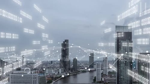 Business Data Analytic Interface Fly Over Smart City Showing Alteration Future