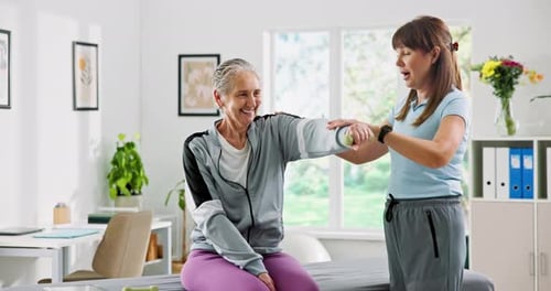 Healthcare, professional and physical therapist with senior woman in clinic with recovery