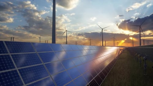 Alternative Energy Sources With Wind Mill And Solar Panel For Green Energy Production