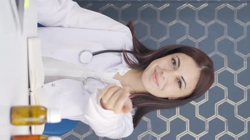 Vídeo vertical da médica estende a mão amiga.