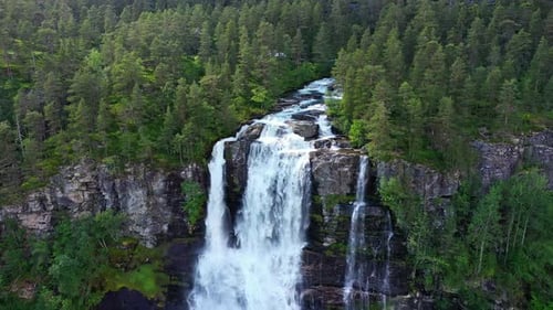 Aerial view of Tvindefossen Waterfall, Norway.