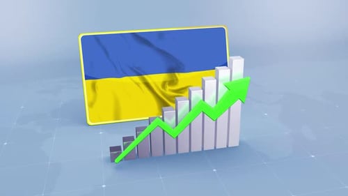 Flagge der Ukraine mit Grafik und grünem Pfeil, steigende Werte