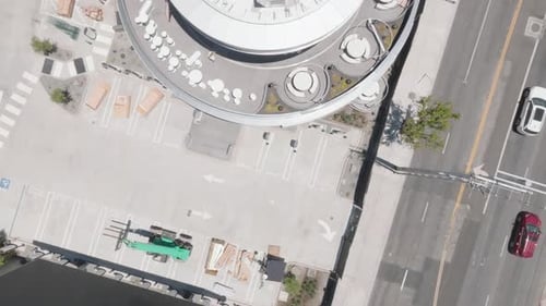 Aerial footage of new Tesla Diner in Hollywood, almost completed, in July 2025. Los Angeles,