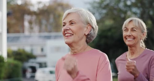 Fitness, workout and senior women in park for wellness, active pilates and mobility outdoors