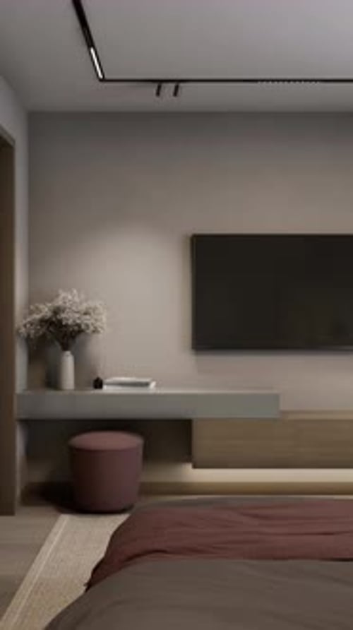 Small cozy bedroom with a TV area is designed in a modern style in warm colors. 3D rendering