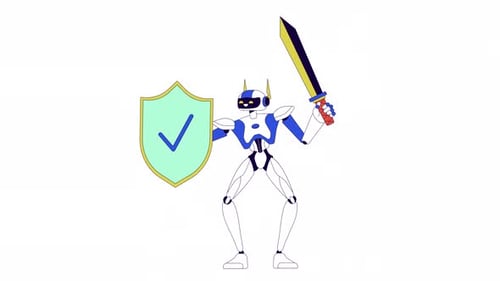 Flat Design Robot with Shield and Sword Security Animation