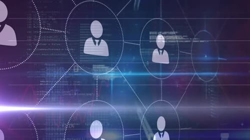 Animation of network of connections with people icons and data processing on blue background