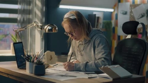 Woman Drawing Sketches at Home at Wooden Desk