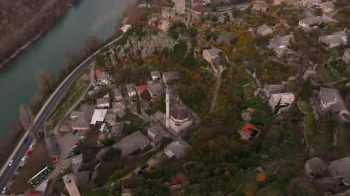 Aerial view of pocitelj fortress and neretva river, Bosnia and Herzegovina.