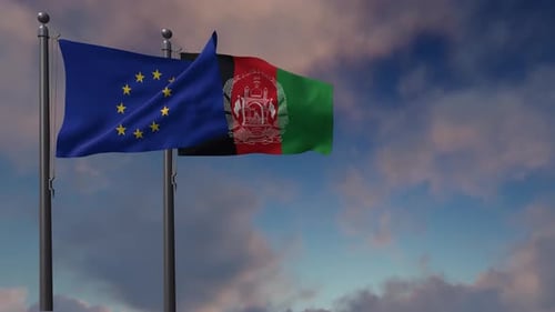 European Union and Afghanistan Flags Waving in the Wind