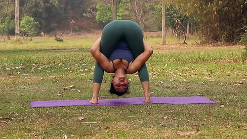 Asian woman practicing yoga on mat in outdoor park.