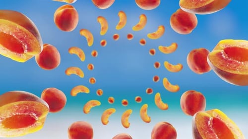 Flying Peach and Peaches Slices in Beach Tropical Summer Background