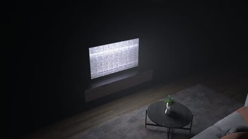 TV on with interference in the dark in front of the sofa. 3D render